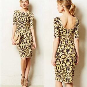 Anthropologie Sam & Lavi Yellow Libby Floral Short Sleeve Midi Bodycon Dress S